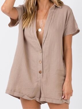 Princess Polly Taupe Button-Front Short Sleeve Romper